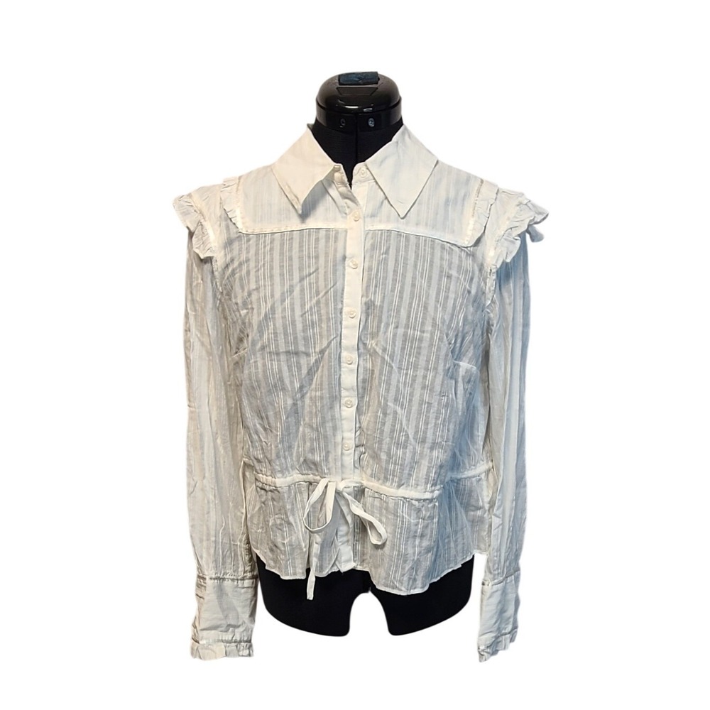 Free People White Striped Ruffle Shoulder Drawstring Waist Blouse Small